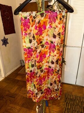 Floral 100% Silk Print Scarf in Pink, Green, Black and Off White background